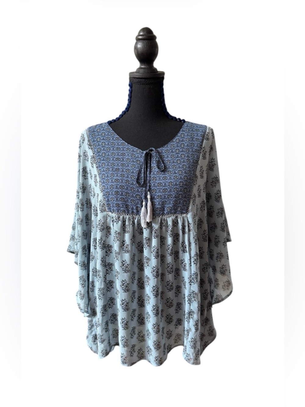 Style & Co. Blue Paisley Flowy Tunic Blouse with Navy Blue Embroidered Yoke and